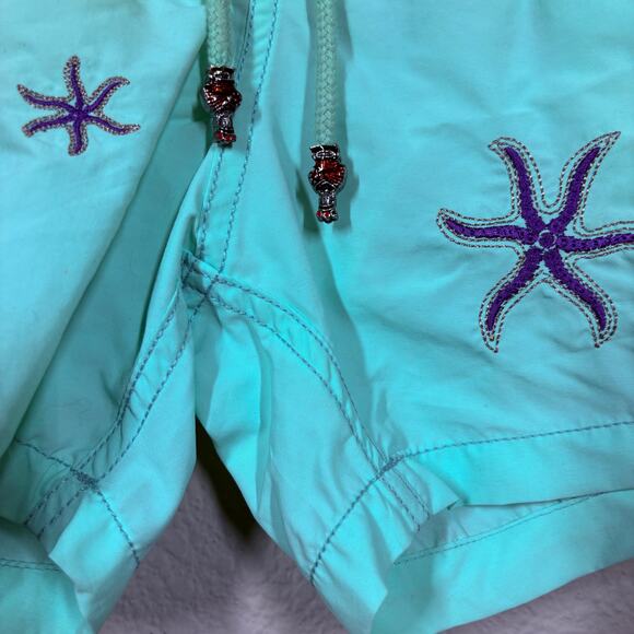 Les Canebiers Mens Small Allover Star Starfish Court Swim Shorts Mint Drawstring - Picture 3 of 8